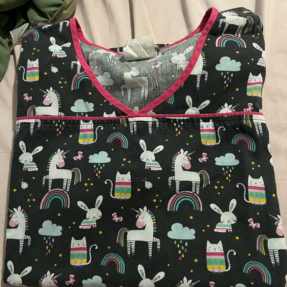 Smart Scrubs Unicorn and Rainbow Print Top with Pink Trim